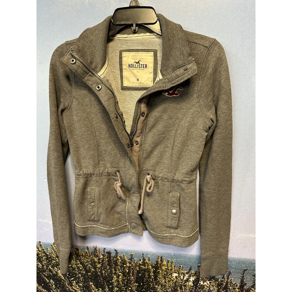 Hollister Gray Button Up Jacket Size‎ Medium Zip And Button With Tie
